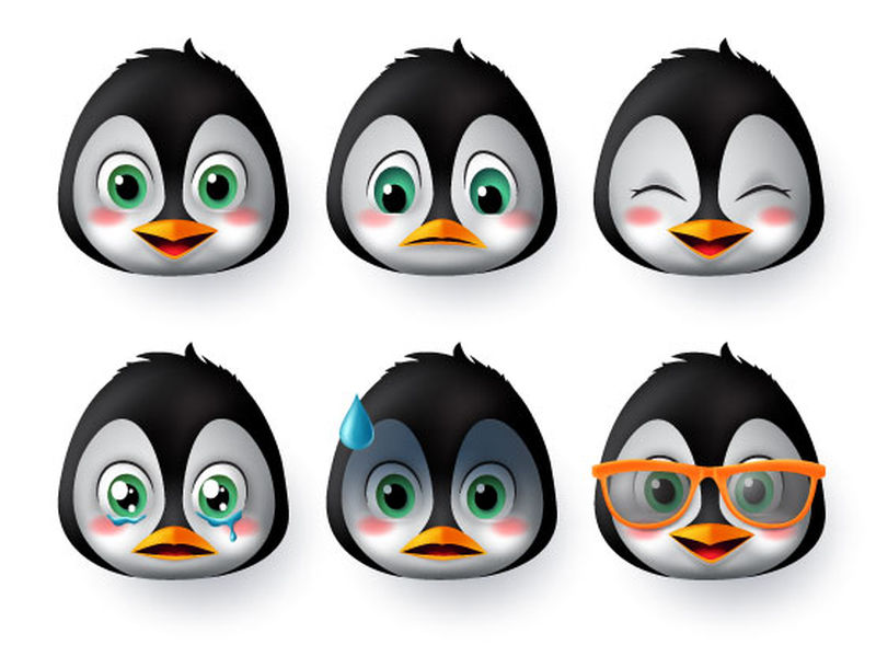 企鹅表情符号或表情符号脸向量集-企鹅表情动物脸戴着太阳镜与高兴-害怕-哭泣-悲伤的情绪为阿凡达和字符集隔离在白色背景
