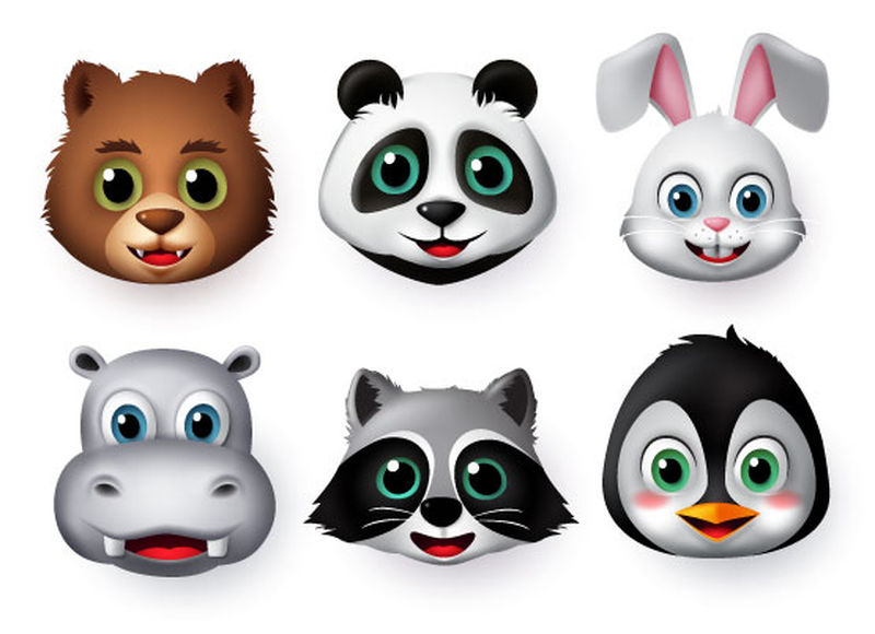 动物表情符号和表情符号快乐脸向量集-熊、熊猫、兔子、河马、浣熊、企鹅等动物表情符号或表情符号在微笑表情中的分离
