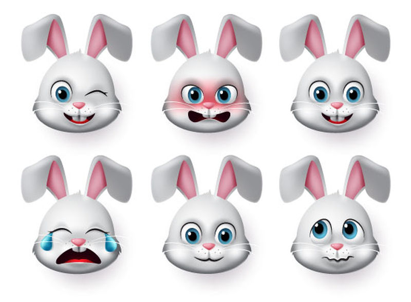 表情兔子脸向量集-兔子或兔子的表情和情感动物脸-以愤怒、哭泣、害怕和可爱的脸为字符标志和符号-隔离在白色背景中