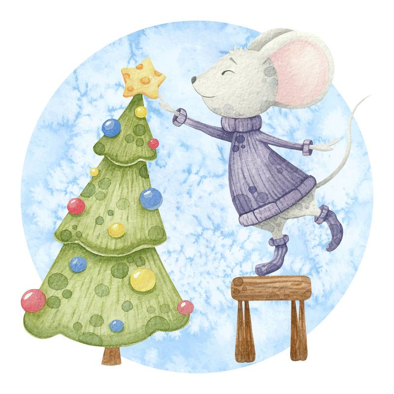 可爱的圣诞树老鼠。新年水彩插画