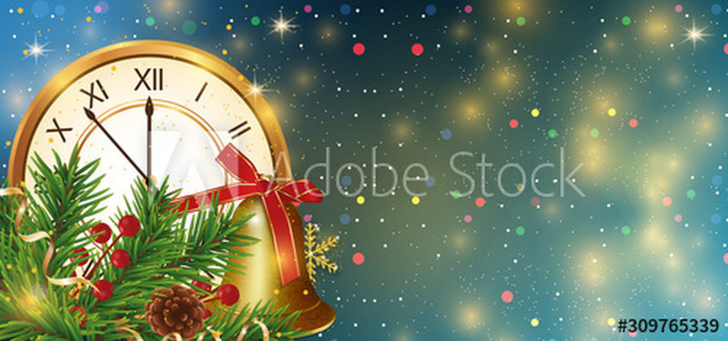 圣诞灯或新年灯的背景是金色的时钟 带丝带和冬青浆果的铃铛 圣诞树和圆锥体的树枝 Xmas模板 矢量图解素材 高清图片 摄影照片 寻图免费打包下载