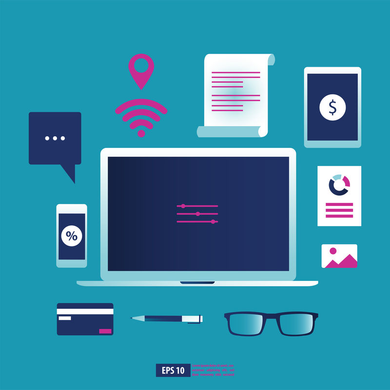 商务小工具、智能手机、笔记本电脑和带有办公文具元素的平板电脑-商业矢量图