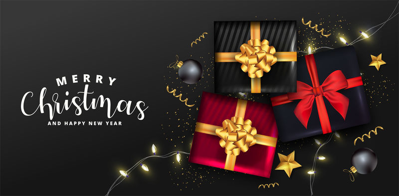 圣诞快乐-新年快乐-节日背景有逼真的礼品盒、闪亮的灯饰、圣诞球和金色五彩纸屑-节日矢量插图