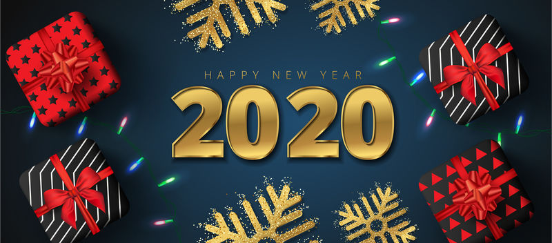 2020年新年快乐销售字母-礼品盒-金色雪花和闪闪发光的淡花环周围的深蓝色背景-可以用作海报、横幅或模板设计