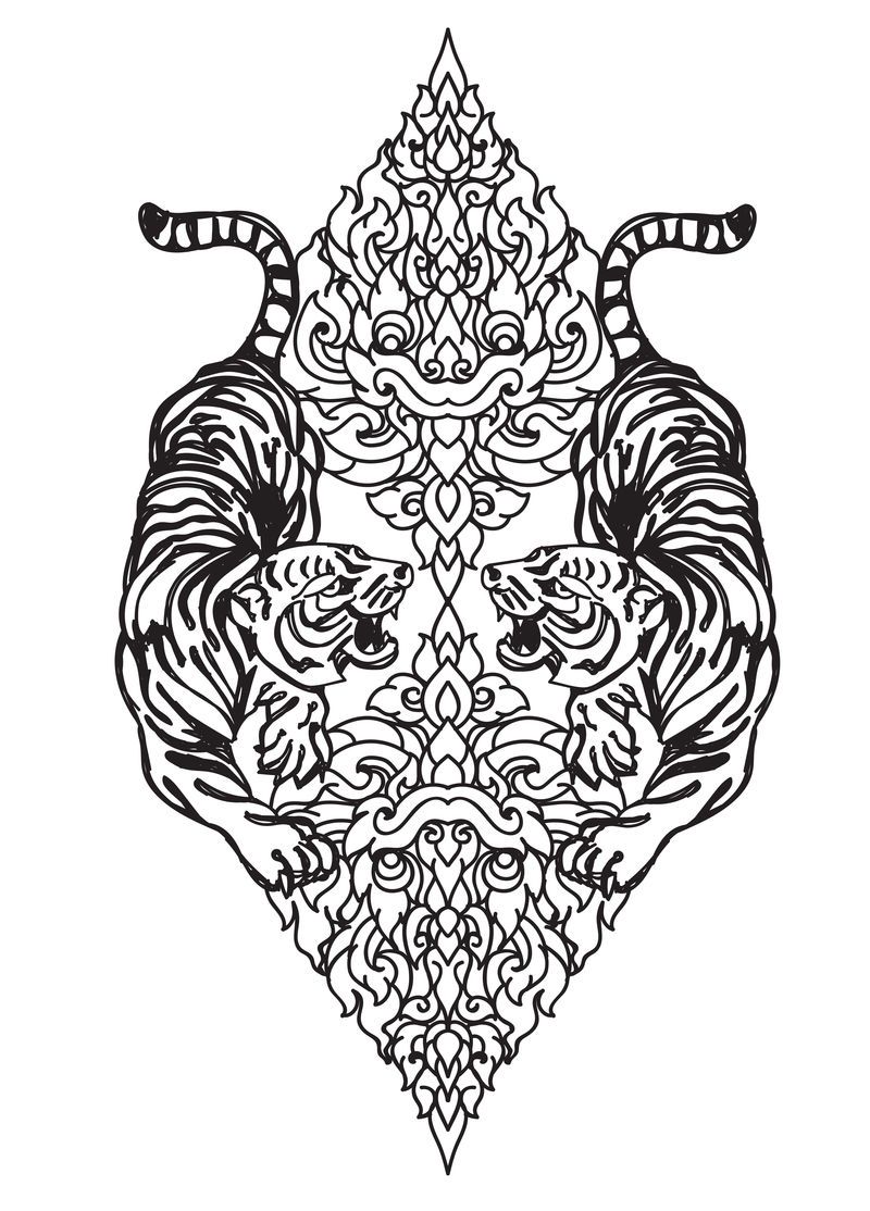 纹身艺术虎手绘素描黑白矢量