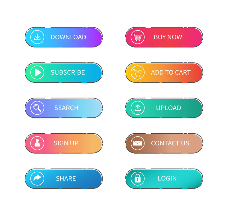 一组渐变彩色平面网页按钮矢量