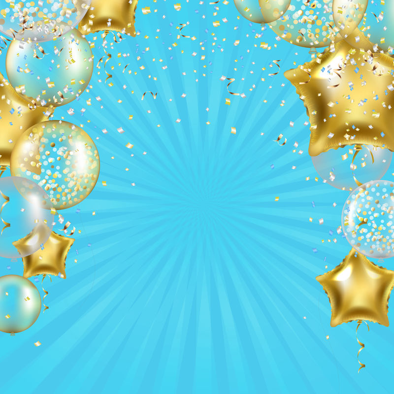 生日背景与金色的星星气球和阳光爆发矢量
