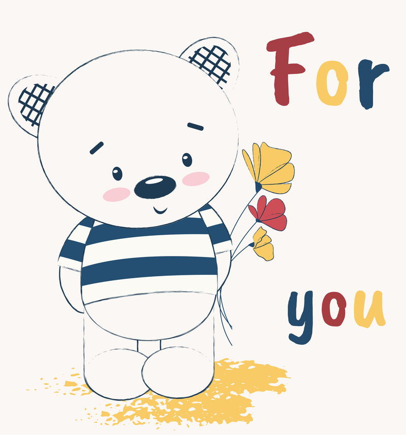 可爱的泰迪熊贺卡上有鲜花