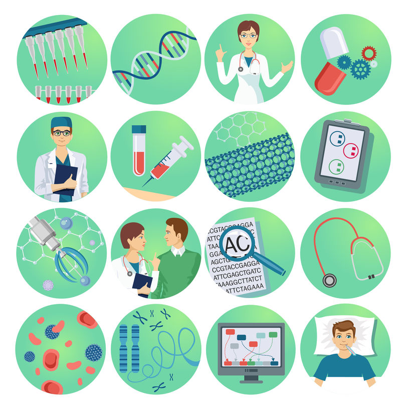 纳米技术平面图标集科学家微芯片和药物载体