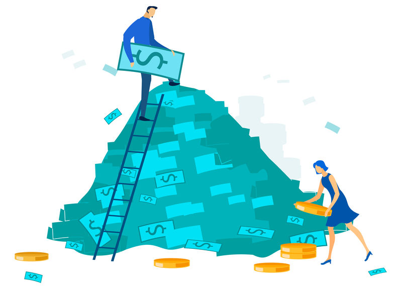 办公人员和大现金堆卡通矢量