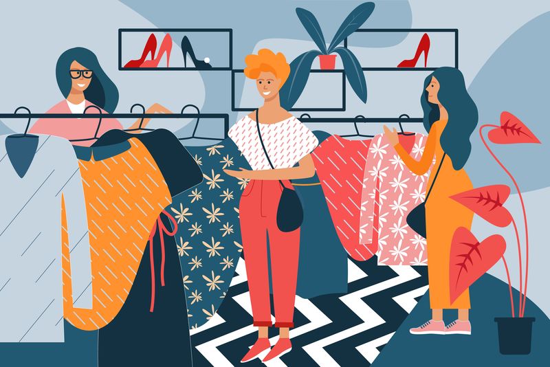 在服装店手拿衣服的女人矢量