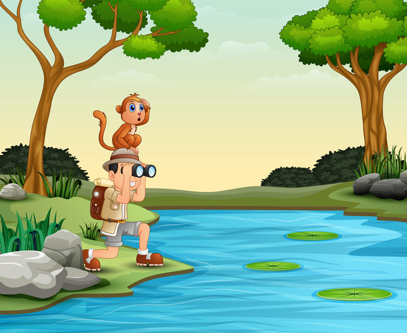 男孩用双筒望远镜和猴子一起看美丽的风景矢量