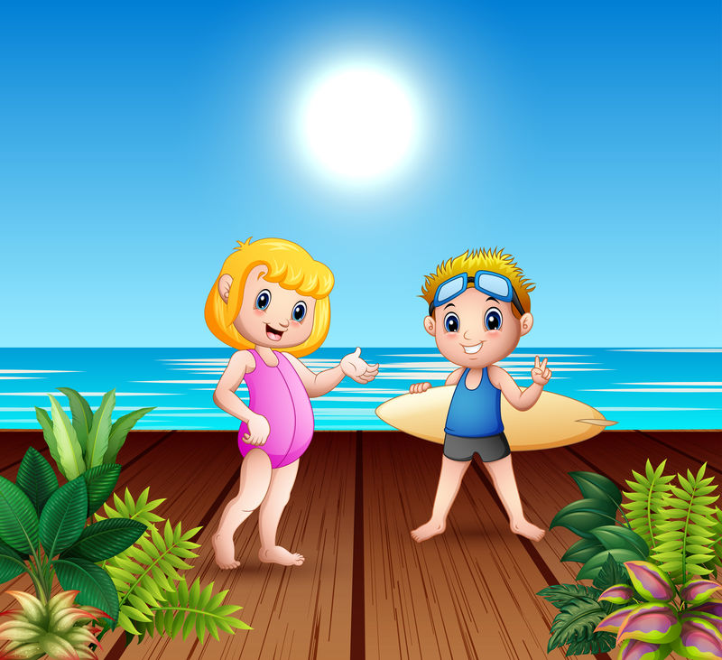 在海港矢量带冲浪板的男女情侣