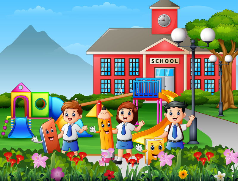 快乐的学童拿着学校院子里的文具矢量