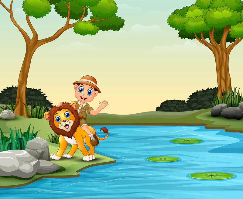 快乐的动物园管理员男孩和狮子靠近河川矢量