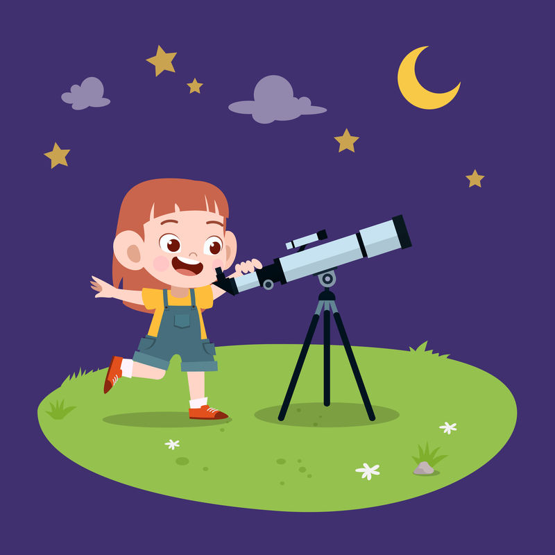 童女望远镜矢量图片,星星,教育,女孩,汉字,卡通,天空,可爱,科学,月亮