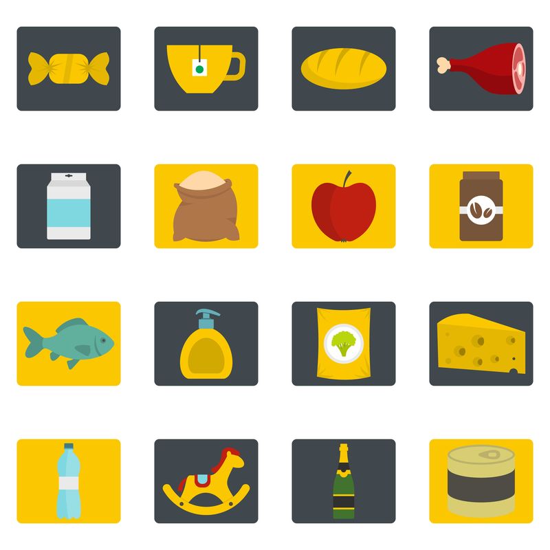 以平面式矢量设置的商店导航食品图标