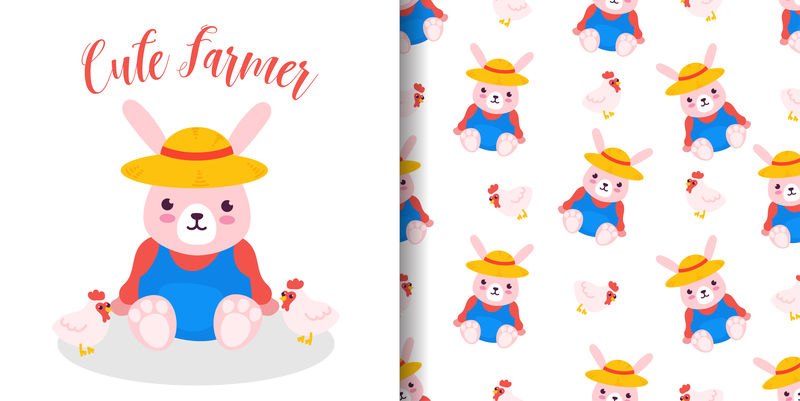 农民兔子无缝图案卡通婴儿淋浴卡矢量