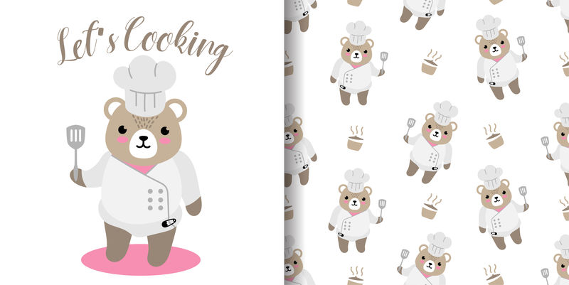 快乐熊烹饪无缝图案卡通婴儿淋浴卡矢量