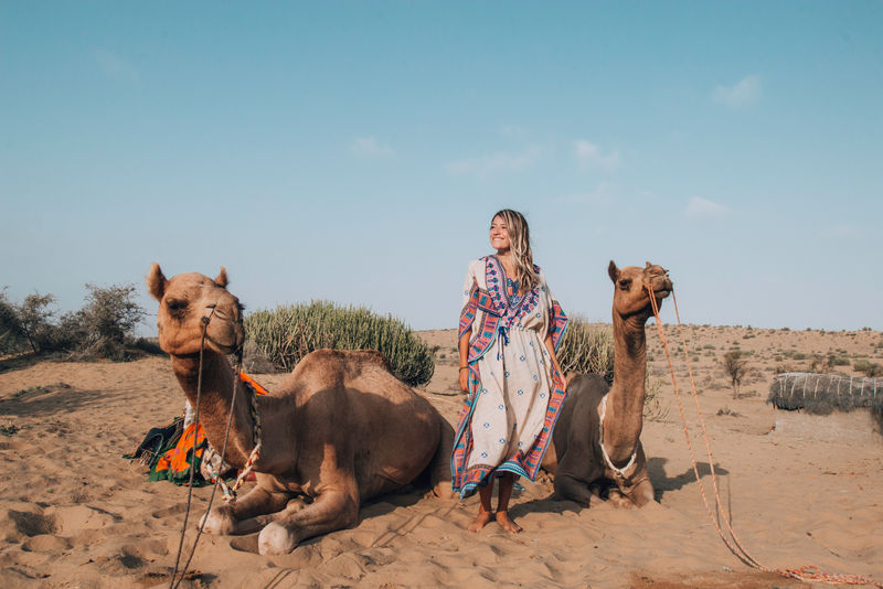 站在两只骆驼中间的女人