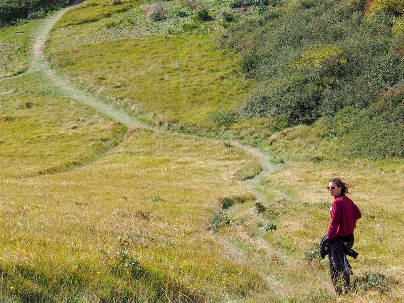 白天穿红夹克的女人在绿地上散步