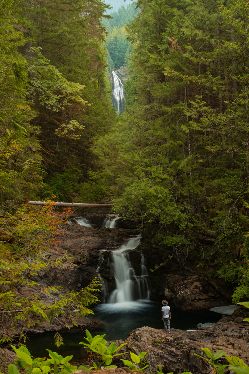 站在瀑布前的人