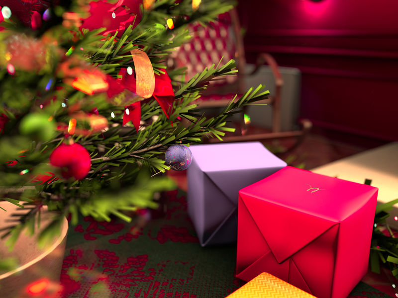 礼品和装饰圣诞树特写