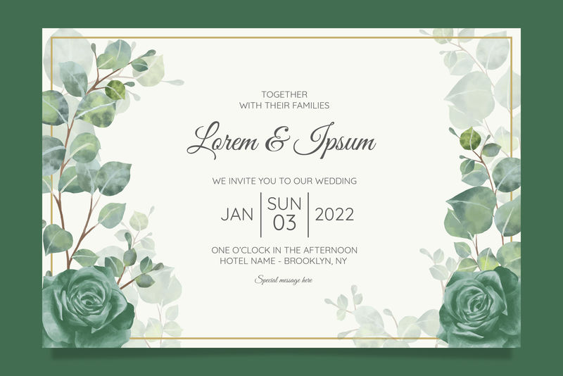 婚礼请柬叶和花-水彩-白色上孤立-矢量水彩