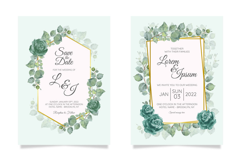 婚礼花卉水彩风格双请柬-请柬-保存日期卡设计与森林绿色植物-藤叶-蕨类植物和豪华银-灰色几何框架-载体植物模板