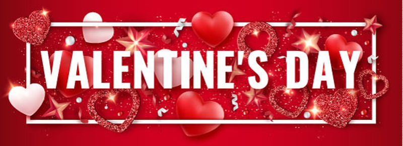 情人节横幅上有闪亮的红白相间的心、丝带、星星和五颜六色的球-红色背景的假日卡片插图