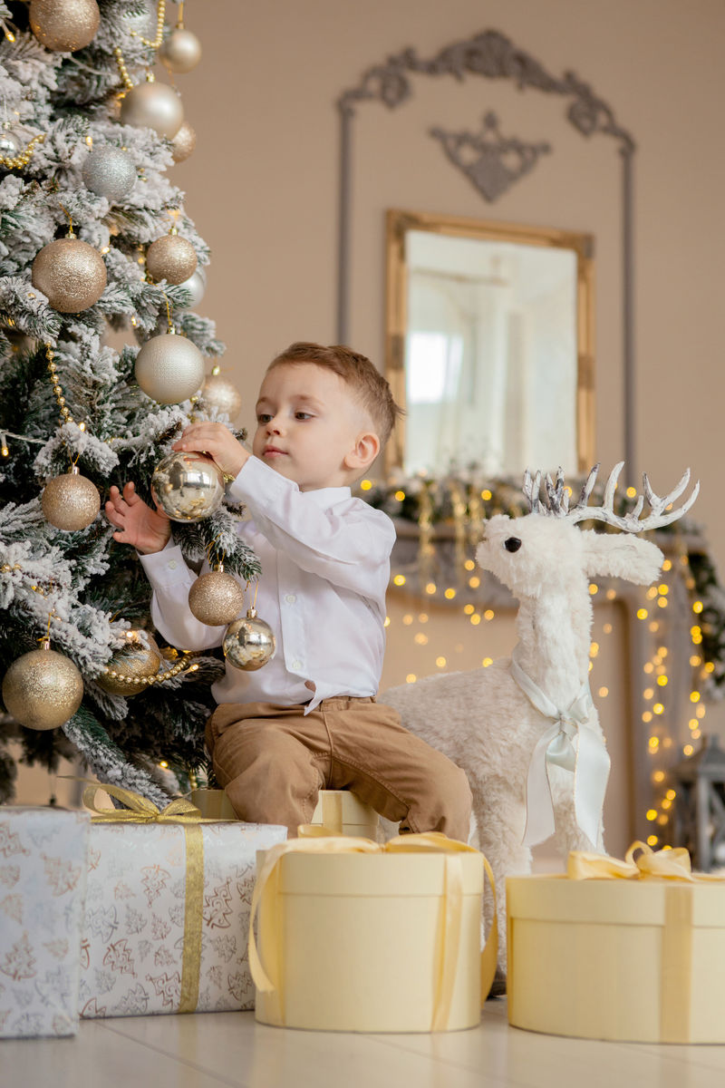 小男孩为圣诞节装饰圣诞树