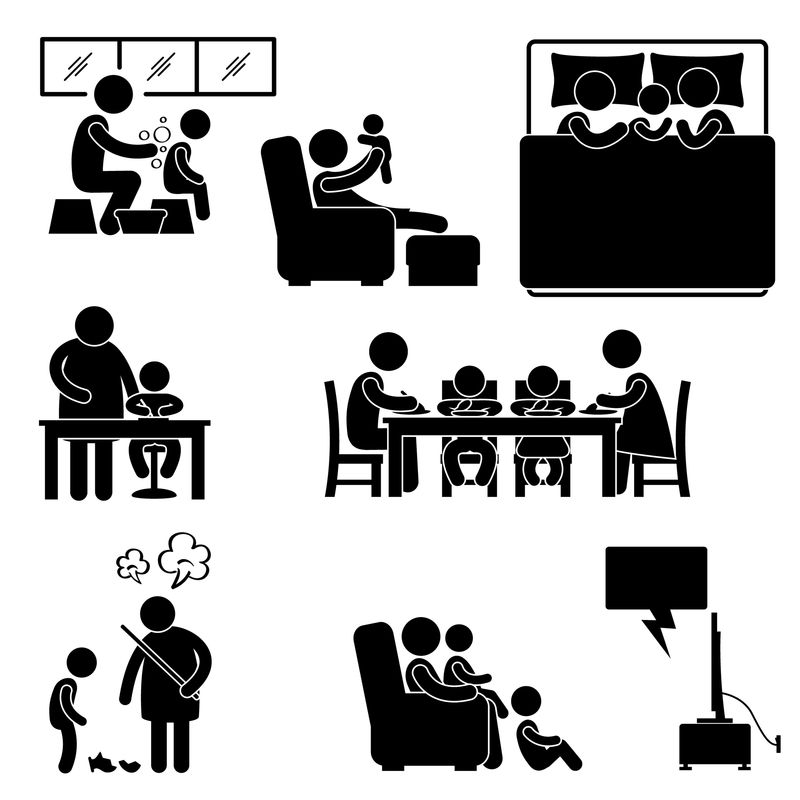 家庭活动屋家庭洗浴睡觉教学吃饭一起看电视图标符号标志象形图