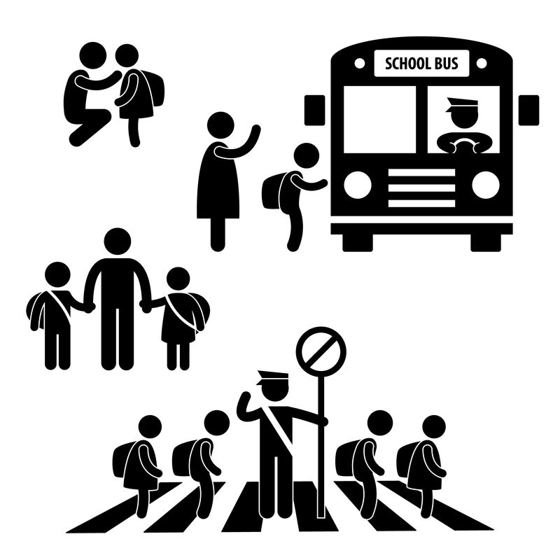 小学生返校校车过马路交警图标标志象形图