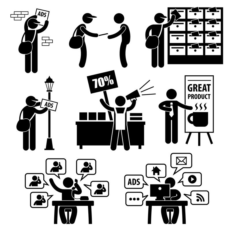 广告营销策略散发横幅传单促销员电话推销电子邮件互联网贴纸图形图标