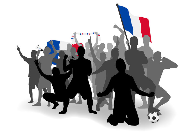 俄罗斯2018世界杯-法国足球迷-兴高采烈的球迷、球迷和法国国旗-法国国庆节-等距人物-矢量插图-运动图像-孤立的背景
