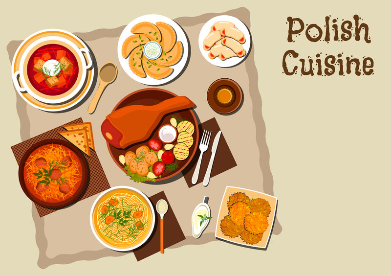 波兰菜：猪腿和蔬菜、肉和卷心菜炖牛肉、面条鸡汤、素食饺子、甜菜汤、土豆煎饼、果酱曲奇和一瓶黑啤酒