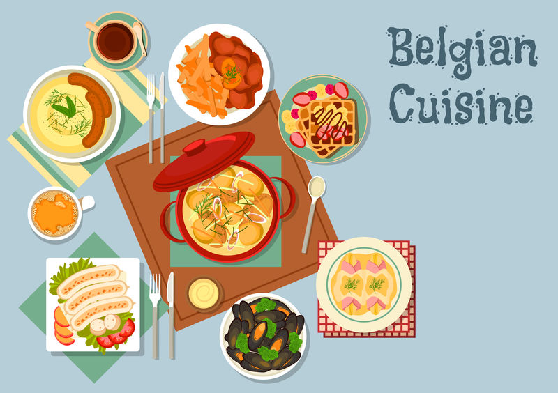 比利时料理：炖鸡、火腿包生菜、香肠土豆泥、炸薯条炖贻贝和牛肉、白猪肉香肠和水果华夫饼