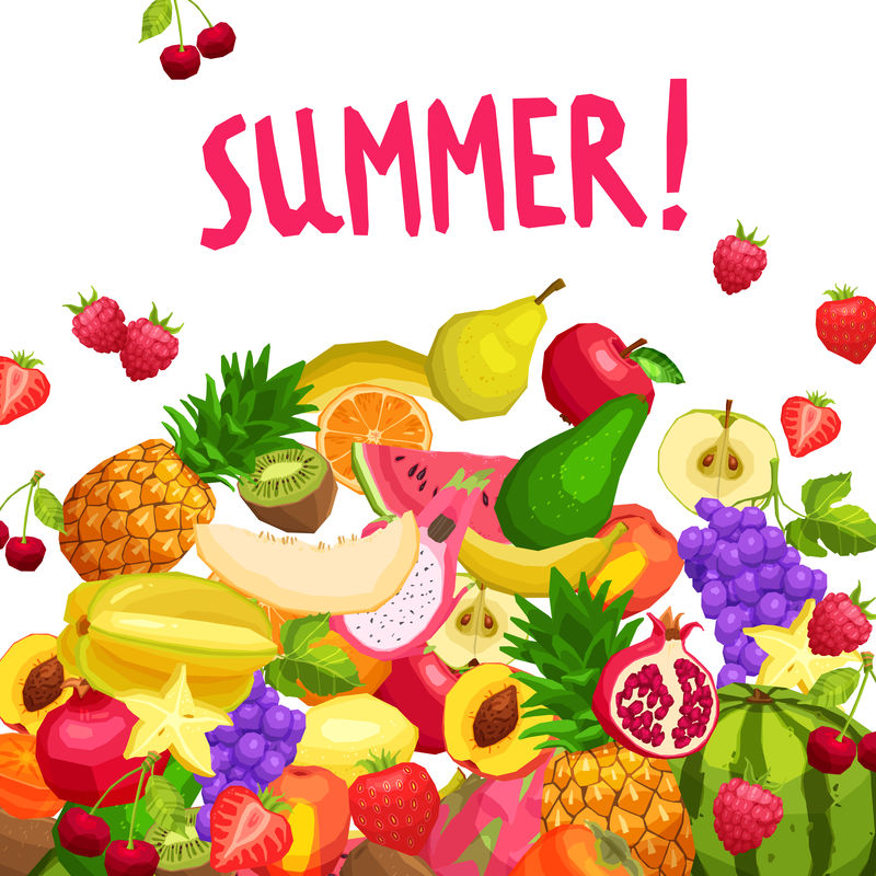 清新有机的水果背景-平面风格-搭配文字“Summer”；-矢量图解-健康素食理念-健康的生活方式