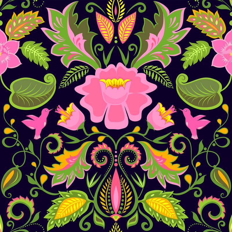 复古华丽的花卉壁纸-有异国情调的花鸟