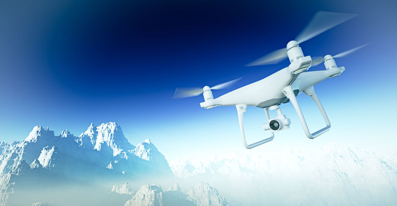 图为白色哑光通用设计现代遥控无人机 相机在地面下的天空中飞行 大峡谷背景 水平 正面 角度视图 电影效果 三维渲染 素材 高清图片 摄影照片 寻图免费打包下载