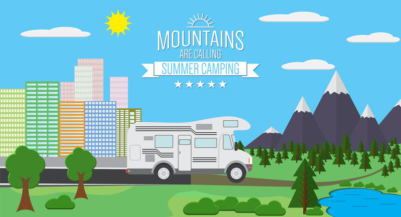 城市和山脉与森林和湖泊景观平面插图-度假和度假的概念-露营和远足-户外探险-与房车