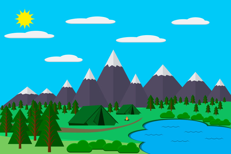 山与森林和湖泊景观平面插图-野营和远足-极限运动-户外冒险-娱乐场所-帐篷和火灾
