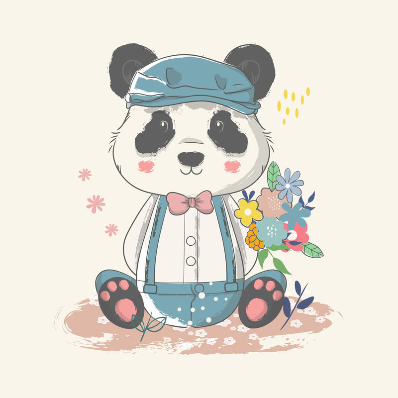 矢量手绘插图一个可爱的小熊猫与花