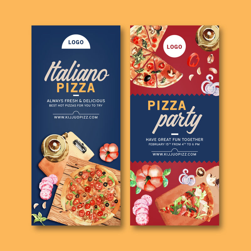 披萨传单设计，带披萨、茶壶、大蒜水彩画