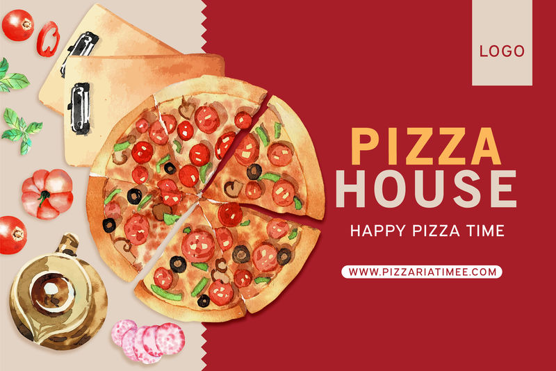 披萨架设计配披萨、茶壶水彩插图。