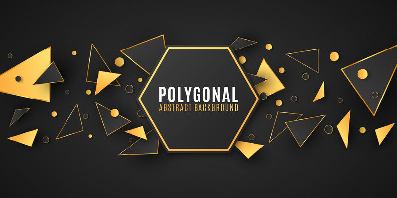 抽象的几何形状。为您的设计时尚横幅。现代低保利风格。混乱的形式。黑色和金色三角形。多边形随机形状。矢量图示