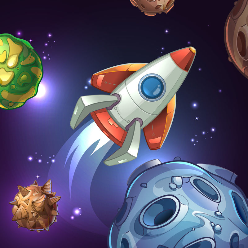 有行星，月亮，星星和太空火箭的电影海报。矢量图示