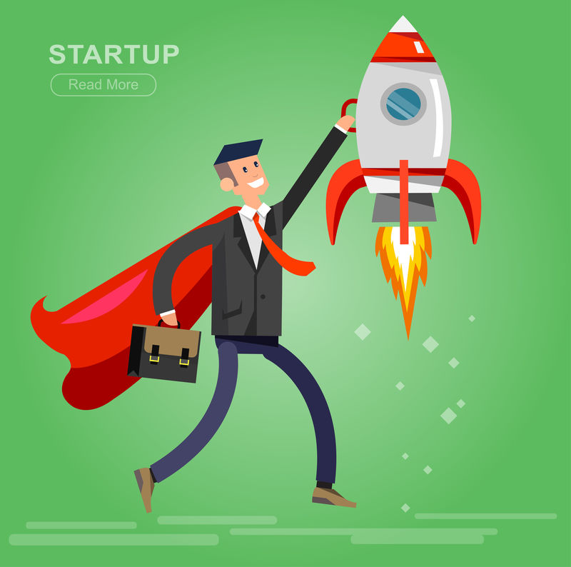 矢量详细字符商人与创业-平面风格网站横幅启动概念网页信息图形-商业英雄火箭飞行