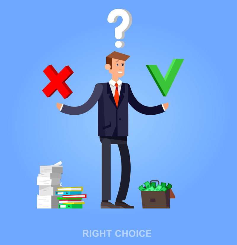 矢量详细的性格困惑的商人-正确的选择-平面式网站横幅启动概念