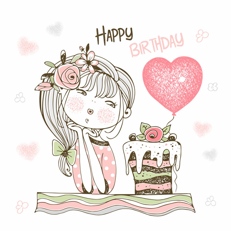 生日卡片上有一个可爱的女孩,带着蛋糕和气球矢量